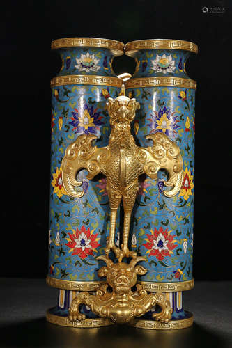 QIANLONG' MARK GILT BRONZE & CLOISONNE BEAST VASE