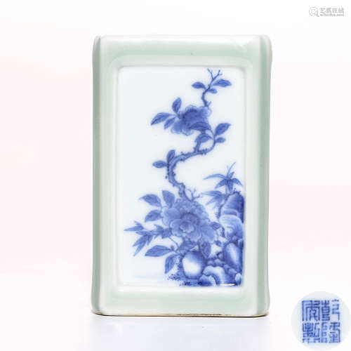 A Chinese Celadon Blue and White Porcelain Square Brush Pot
