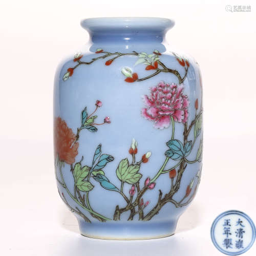 A Chinese Blue Ground Famille-Rose Porcelain Jar