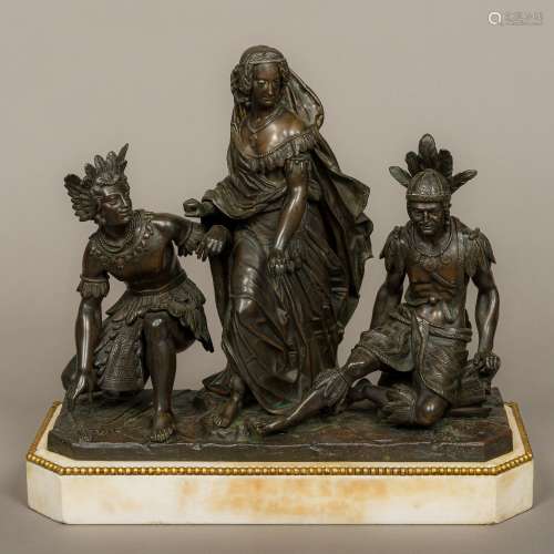 A 19th century patinated bronze figural group Formed as a Western woman between two Native American