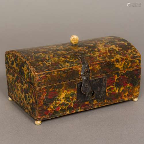 A late 18th century domed wooden box With marbleised paper decoration and bone finial,