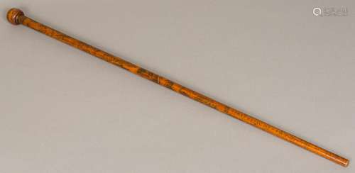 A 19th century Folk Art engraved treen walking stick Decorated in the round with various domestic