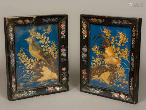 A pair of 19th century Japanese strawwork pictures One depicting a cockerel on foliate rockwork,