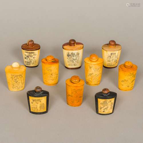 A small quantity of Chinese carved bone snuff bottles Each decorated with adult sexual scenes.
