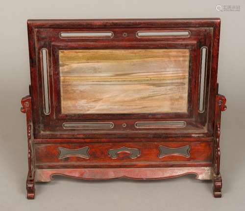 A Chinese hardstone inset wooden table screen Of typical sliding form,