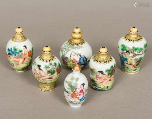 Six Chinese porcelain snuff bottles and stoppers Various sizes with erotic decoration,
