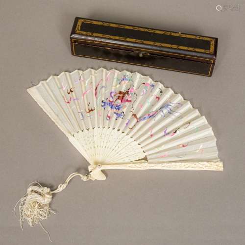 A late 19th/early 20th century Chinese embroidered fan The guards and stays carved ivory,