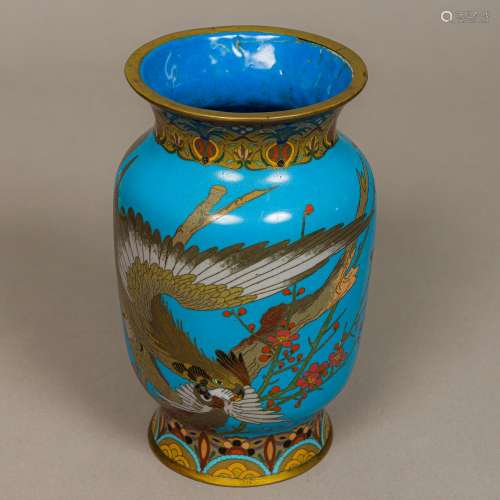 A late 19th/early 20th century cloisonne vase Decorated in the round on blue ground with a bird of