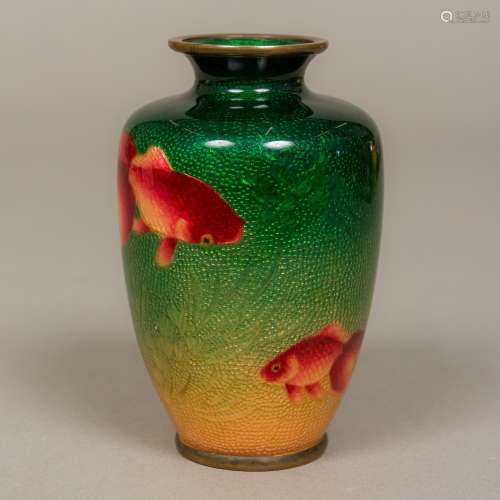 A 19th century Japanese cloisonne vase Decorated in the round with three goldfish amongst aquatic