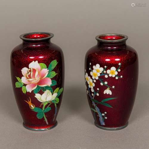 A pair of early 20th century Japanese silver mounted cloisonne vases Each worked with floral sprays