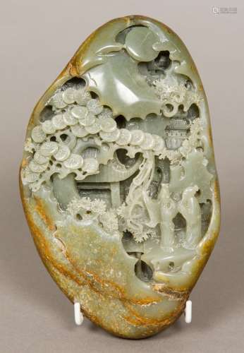 A Chinese carved wooden celadon and russet jade boulder Worked with figures on a terrace in a