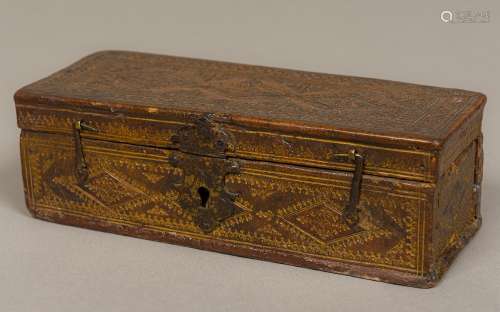 A 17th/18th century hinged leather travelling box The sectional interior with three vacant and one