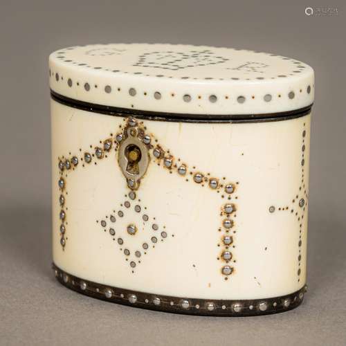 A George III miniature ivory tea caddy Of hinged oval form with pique inlays,