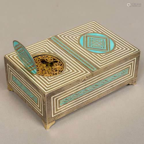 An Art Deco 925 Sterling silver enamel decorated singing bird automaton music box Of rectangular