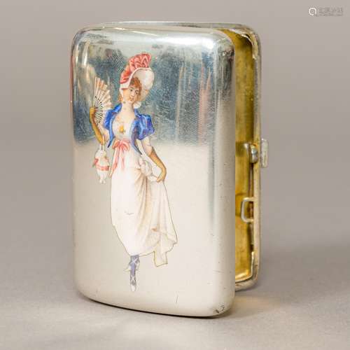 A Continental silver and enamelled cigarette case Worked with an elegant lady. 8.5 cm wide.