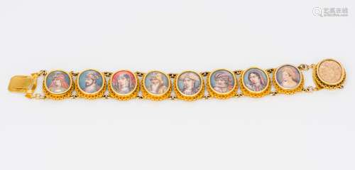 An Indian unmarked high carat gold bracelet Each link inset with a portrait miniature.