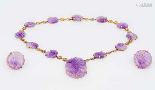 A Chinese unmarked yellow metal mounted carved amethyst necklace Together with a pair of clip-on