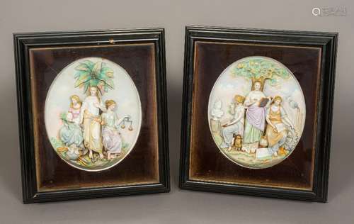 A pair of late 19th century Continental high relief bisque porcelain panels Both worked with