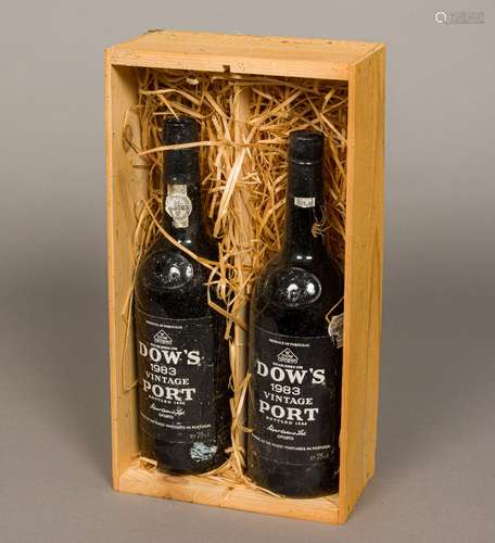 Dow's 1983 Vintage Port Bottled 1985, two bottles, in part old wooden case.