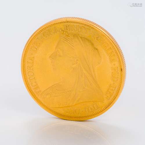 A gold five pound coin, dated for 1893 40.1 grammes.