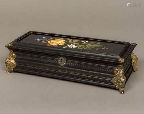 A 19th century Continental pietra dura inset glove box Of carved rectangular form,