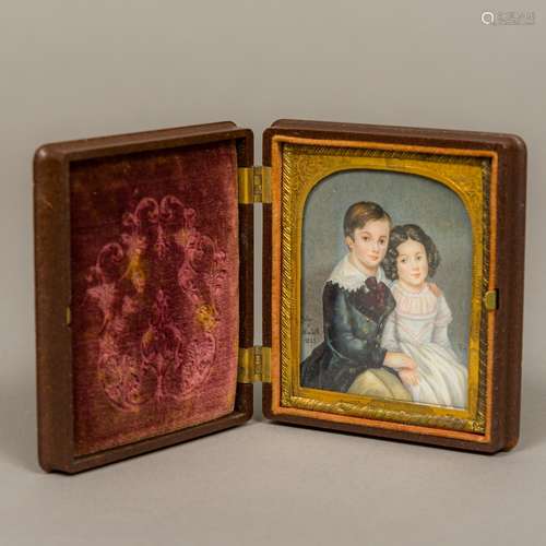 A 19th century portrait miniature on ivory Depicting a young boy and girl inscribed Julian et