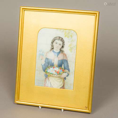 A 19th century three-quarter length portrait miniature on ivory Painted as a flower girl,