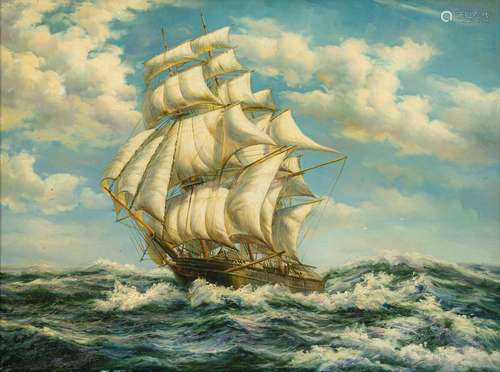 Attributed to A DAVID BELL (1884-1966) British Clipper in Full Sail Oil on board, framed. 39.