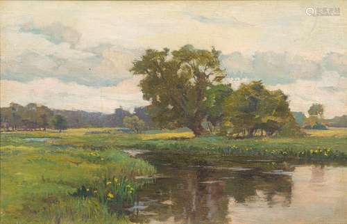 Attributed to SIR ALFRED MUNNINGS (1878-1959) British River Landscape Oil on canvas, framed. 44.