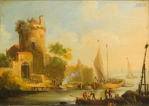 CONTINENTAL SCHOOL (19th century) Figures and Shipping in a Busy Coastal Seascape Oil on panel,