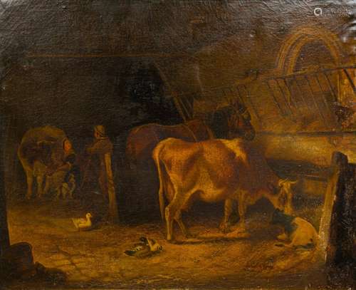 ENGLISH SCHOOL (19th century) Milkmaid and Herdsmen With Animals in a Stable/Barn Interior Oil on