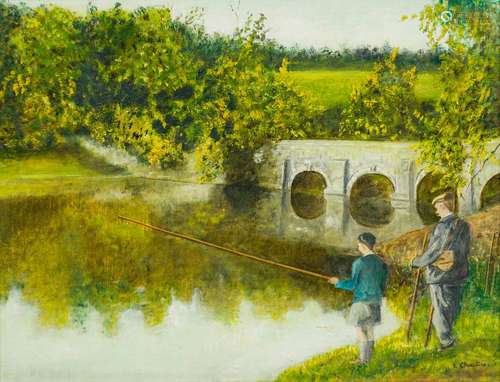 ENGLISH SCHOOL (20th century) The First Fishing Lesson Oil on board, indistinctly signed, framed.