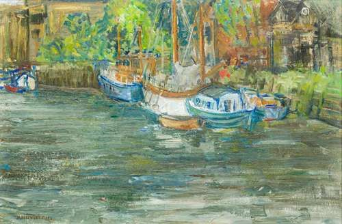 HARRY WALTON FRECKLETON (1890-1979) British (AR) Boats Moored up at Snape Maltings Suffolk Oil on