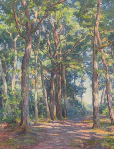 HOWARD BARRON (1900-1991) British (AR) Sun-Dappled Woodland Path Oil on canvas, signed, framed.