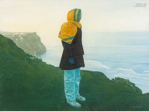 STEPHEN (20th century) British Cliff Top Figure Oil on canvas, signed, framed. 39.5 x 29.5 cm.