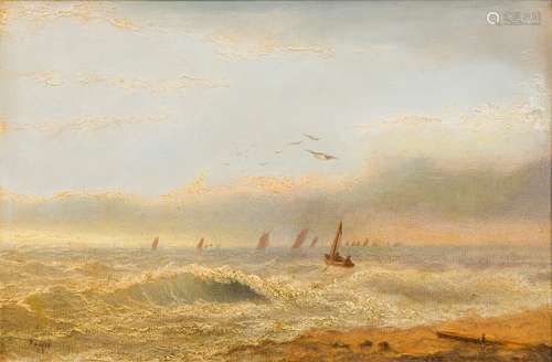 THOMAS LUCOP (1834-1911) British Off to Sea Oil on panel, signed and dated '85, framed. 45.