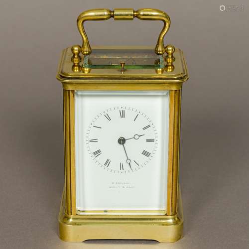 A 19th century French brass cased repeating carriage clock retailed by W Leuchars,