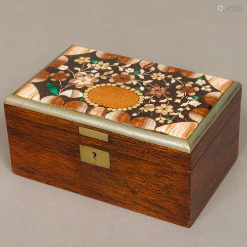 A 19th century French specimen stone mounted rosewood trinket box The hinged rectangular lid