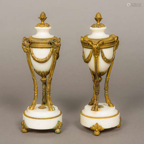 A pair of 19th century gilt bronze mounted alabaster cassolettes Each of lidded urn form,