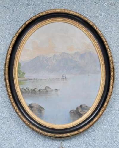 F. J. Junod (XIX-XX), Vue du lac, huile sur toile ovale, signée, 74x59,5 cm  -
