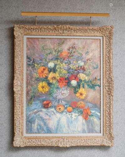 Isabelle de Ganay (1960), Bouquet de fleurs au vase bleu, huile sur toile, signée, [...]