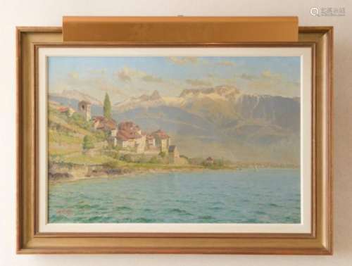 V. Gilliand (XIX-XX), Village au bord du lac, huile sur toile, signée et datée [...]