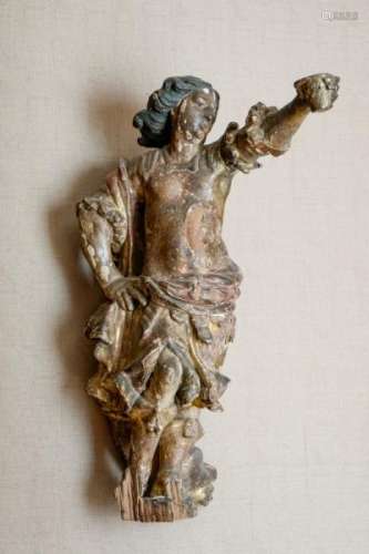 Porte torchère en forme d'ange. XVII - début XVIIIe s., en bois sculpté polychrome [...]