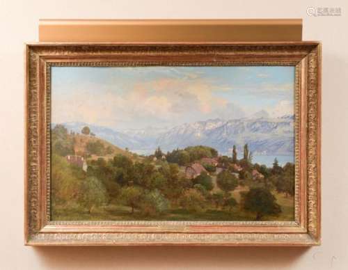 Alfred Chavannes (1836-1894), Paysage au bord du lac, huile sur toile, 40x63,5 cm  -