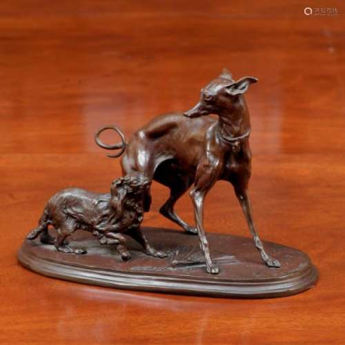 Pierre-Jules Mène (1810-1879), Les deux chiens, groupe en bronze à patine brune, [...]