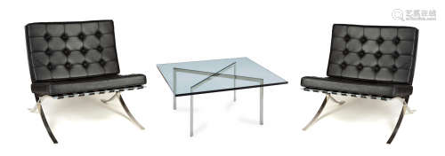 Ludwig Mies Van Der Rohe (1886 - 1969) Pair of Barcelona Chairs & Coffee Table. Knoll International.