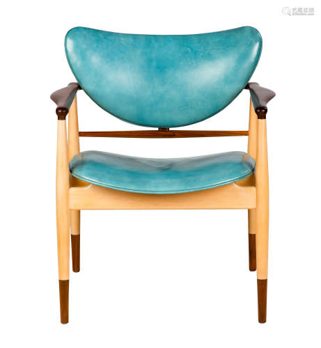 Finn Juhl (Danish, 1912-1989) Chair 48 Series. Baker Furniture. Teal leather, maple, walnut and