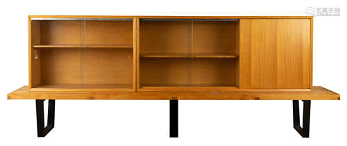 George Nelson & Associates Slat Bench with Bookcases. produced by Herman Miller. Bench: L. 8' 6 1/