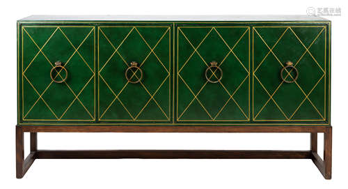 Tommi Parzinger for Charak Modern Four-Door Sideboard. 20th century. Green-marbled tooled leather