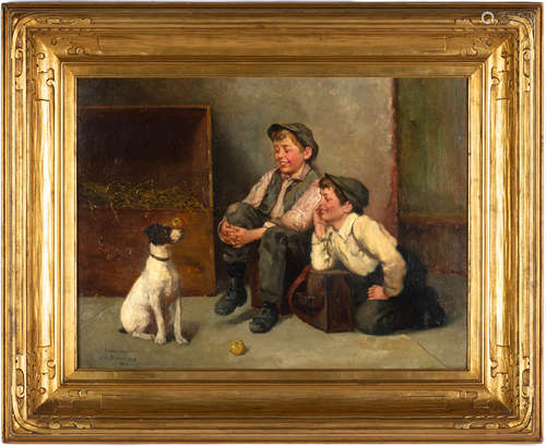 John George Brown (British, 1831-1913) Boys with Dog. Oil on canvas. Signed 'J.G. Brown N.A.